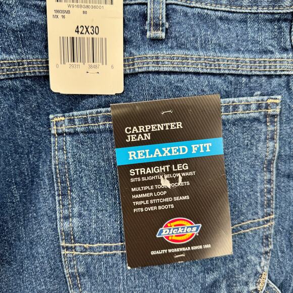 Dickies Carpenter Jeans Mens 42x30 (43x29 ACTUAL) Relaxed Fit Straight Leg NEW - Picture 4 of 7